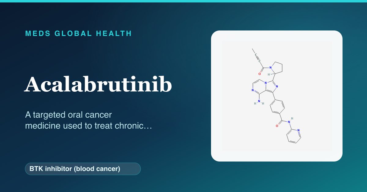 Acalabrutinib (BTK inhibitor (blood cancer)) — Meds Global Health reference card with 2D molecular structure