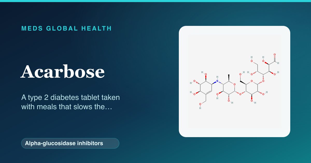 Acarbose (Alpha-glucosidase inhibitors) — Meds Global Health reference card with 2D molecular structure