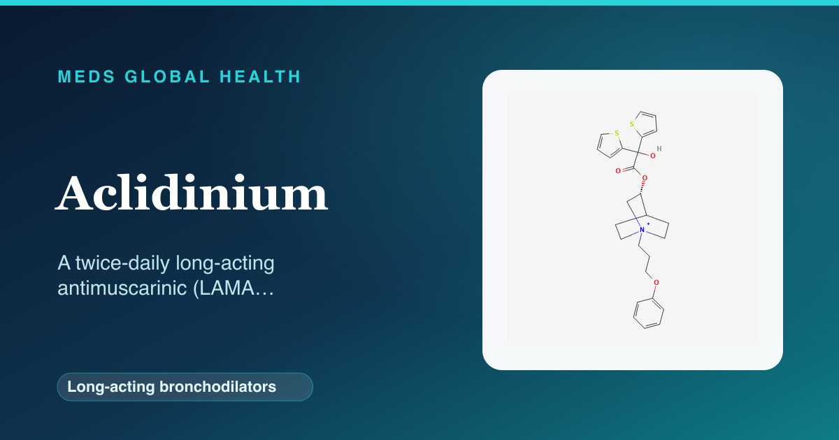 Aclidinium (Long-acting bronchodilators) — Meds Global Health reference card with 2D molecular structure