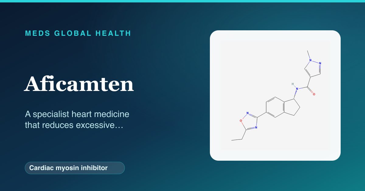 Aficamten (Cardiac myosin inhibitor) — Meds Global Health reference card with 2D molecular structure