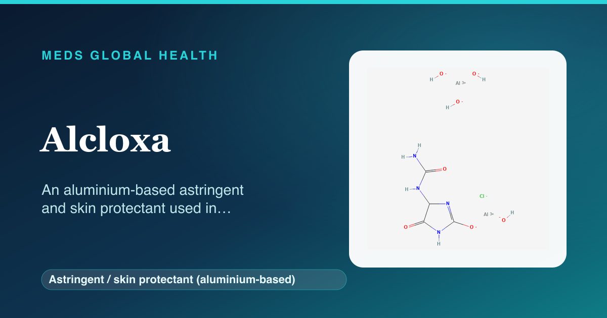 Alcloxa (Astringent / skin protectant (aluminium-based)) — Meds Global Health reference card with 2D molecular structure