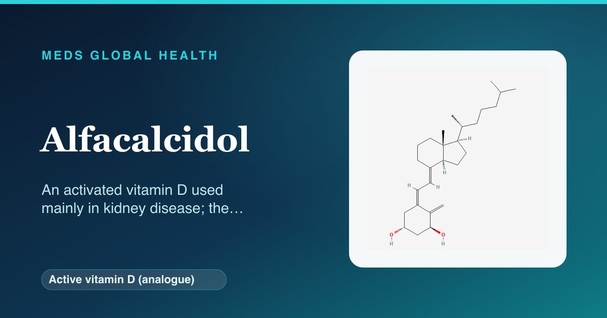 Alfacalcidol (Active vitamin D (analogue)) — Meds Global Health reference card with 2D molecular structure