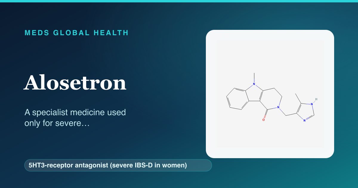 Alosetron (5HT3-receptor antagonist (severe IBS-D in women)) — Meds Global Health reference card with 2D molecular structure