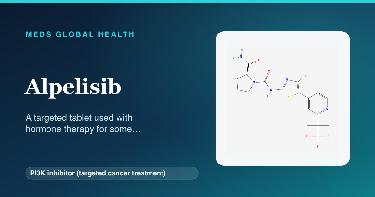 Alpelisib (PI3K inhibitor (targeted cancer treatment)) — Meds Global Health reference card with 2D molecular structure