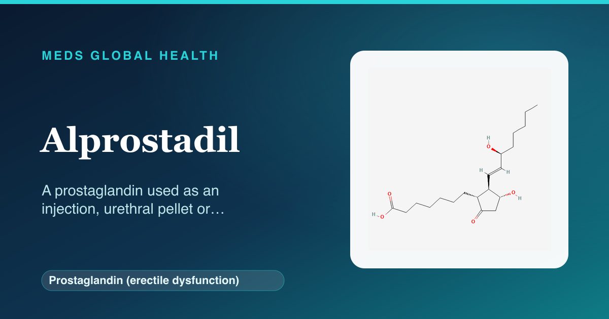 Alprostadil (Prostaglandin (erectile dysfunction)) — Meds Global Health reference card with 2D molecular structure