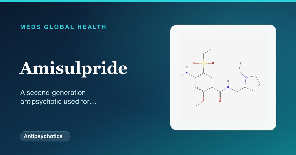 Amisulpride (Antipsychotics) — Meds Global Health reference card with 2D molecular structure