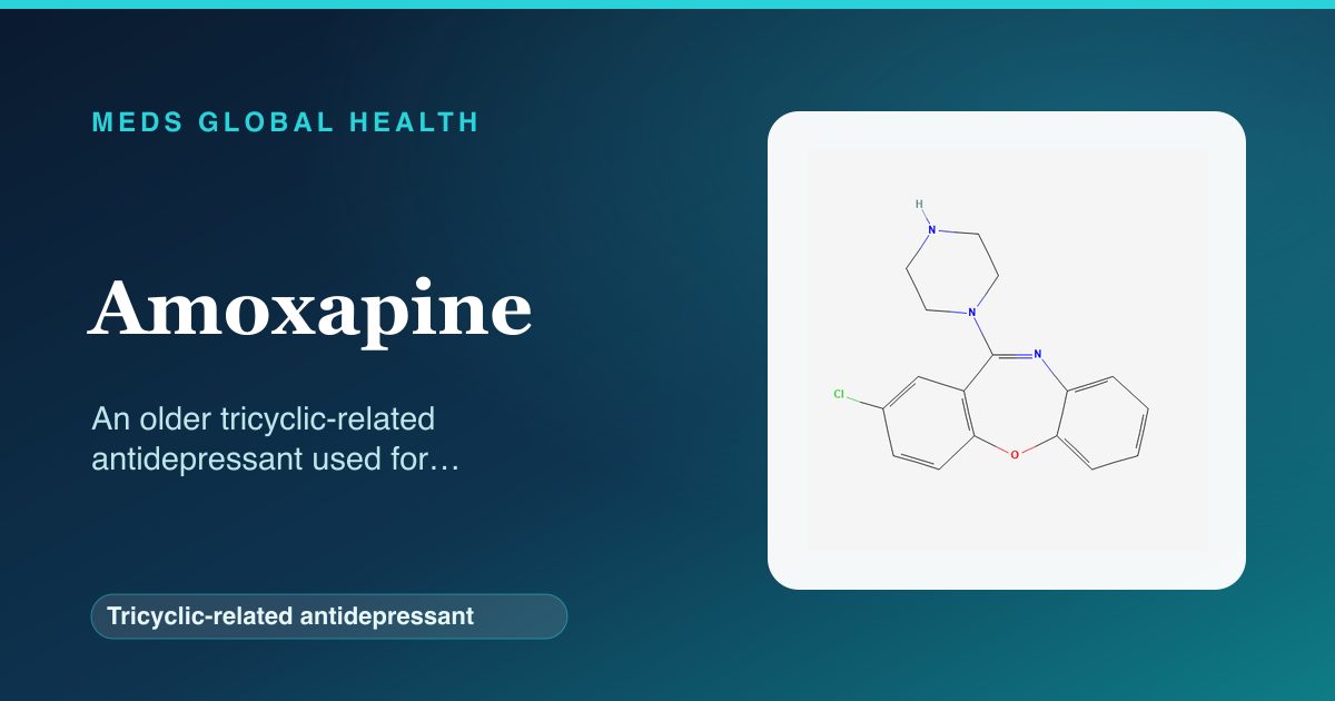 Amoxapine (Tricyclic-related antidepressant) — Meds Global Health reference card with 2D molecular structure