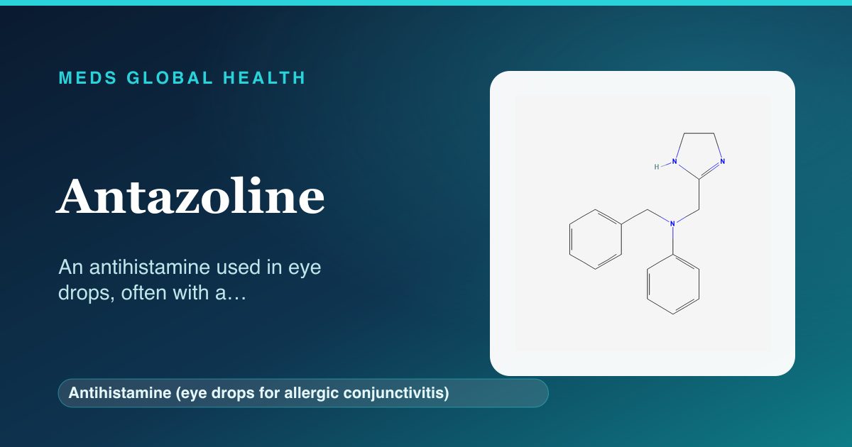 Antazoline (Antihistamine (eye drops for allergic conjunctivitis)) — Meds Global Health reference card with 2D molecular structure
