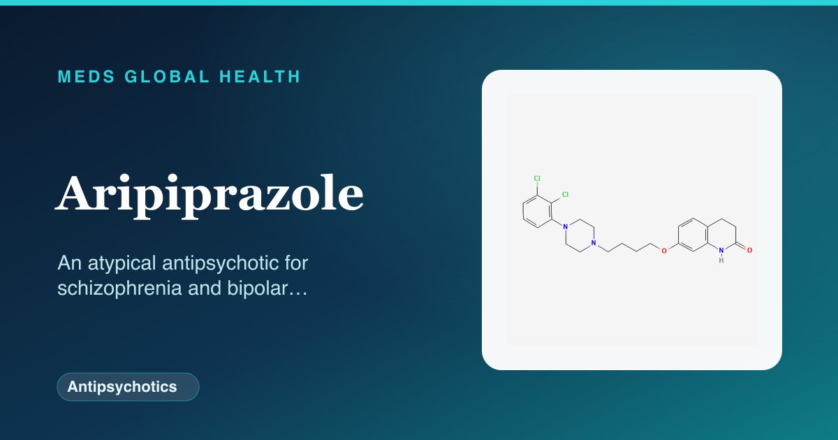 Aripiprazole (Antipsychotics) — Meds Global Health reference card with 2D molecular structure