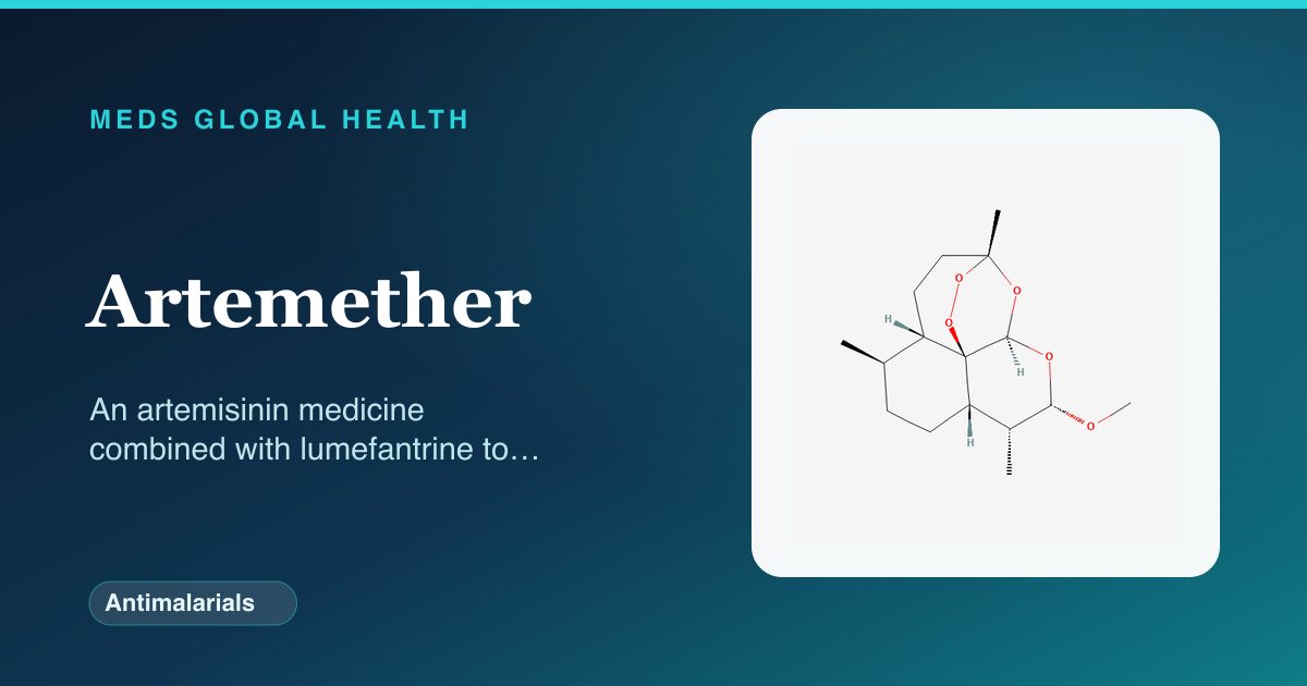 Artemether (Antimalarials) — Meds Global Health reference card with 2D molecular structure
