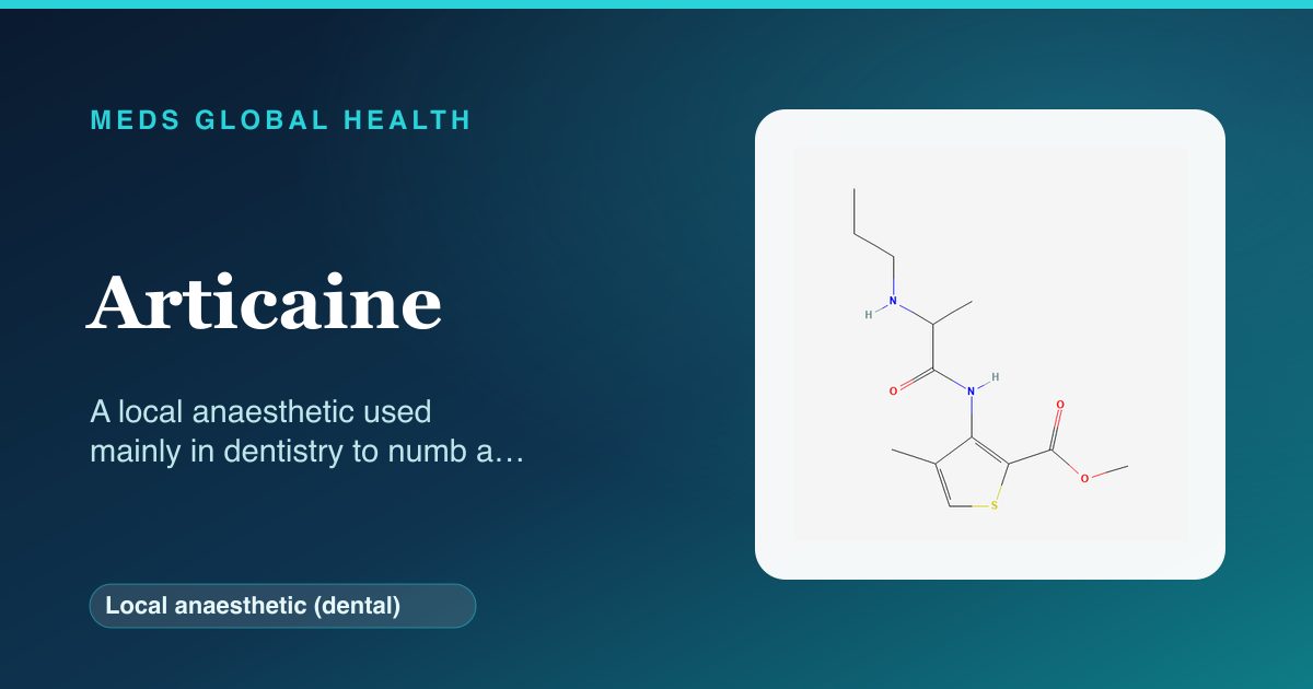 Articaine (Local anaesthetic (dental)) — Meds Global Health reference card with 2D molecular structure