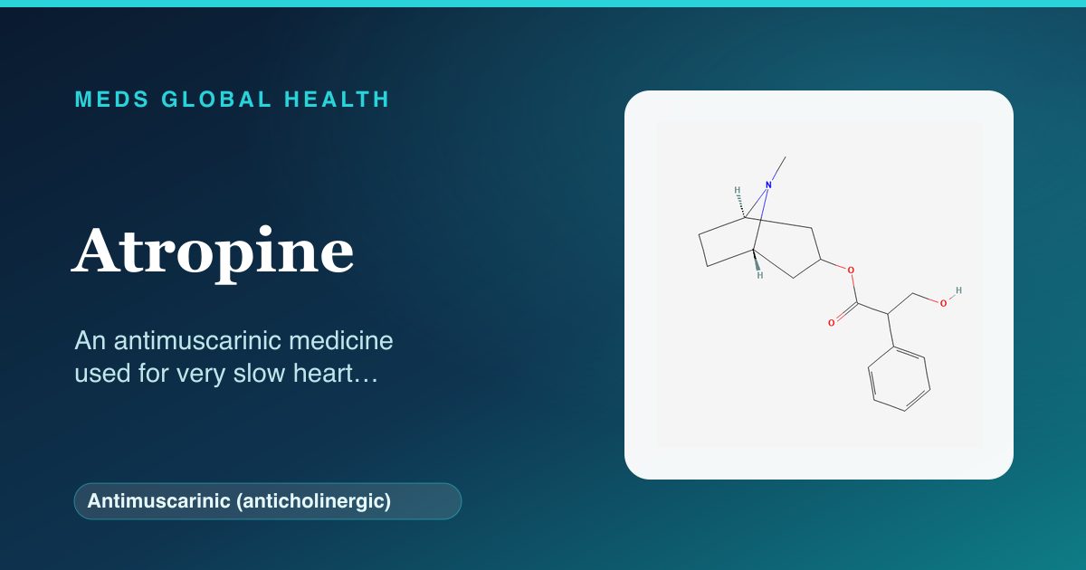 Atropine (Antimuscarinic (anticholinergic)) — Meds Global Health reference card with 2D molecular structure