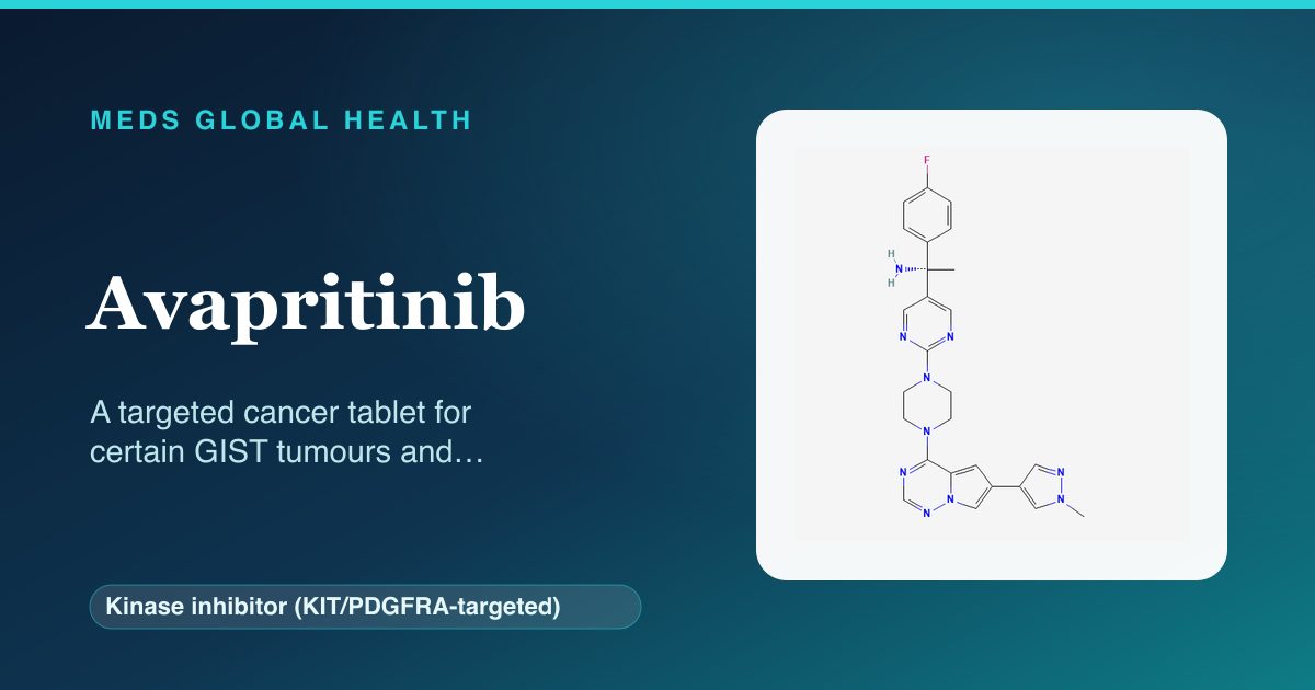 Avapritinib (Kinase inhibitor (KIT/PDGFRA-targeted)) — Meds Global Health reference card with 2D molecular structure