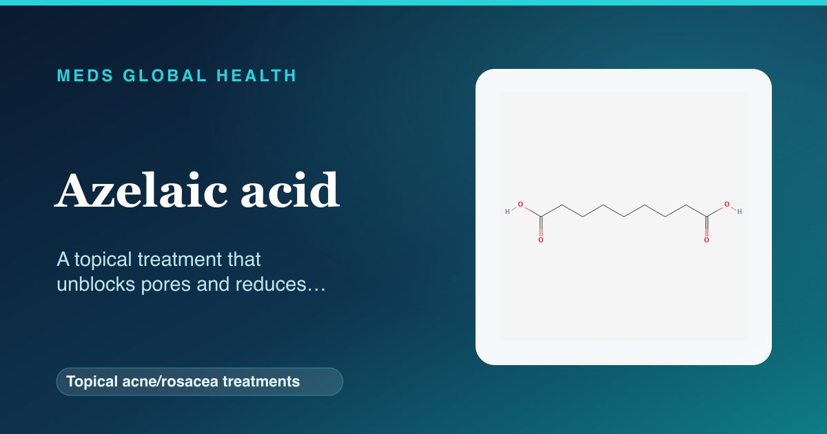 Azelaic acid (Topical acne/rosacea treatments) — Meds Global Health reference card with 2D molecular structure