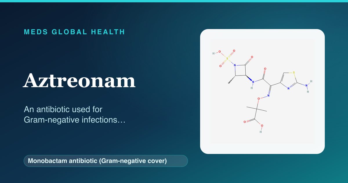 Aztreonam (Monobactam antibiotic (Gram-negative cover)) — Meds Global Health reference card with 2D molecular structure
