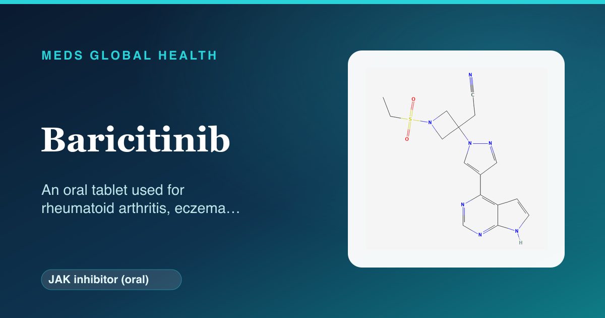 Baricitinib (JAK inhibitor (oral)) — Meds Global Health reference card with 2D molecular structure