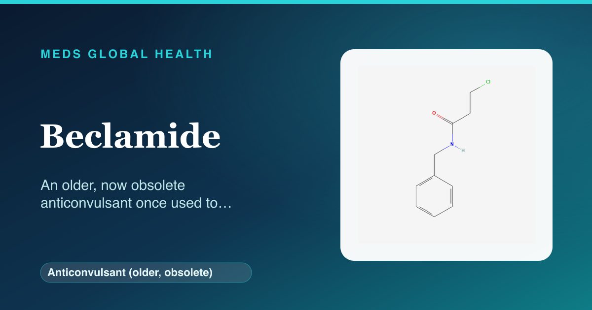 Beclamide (Anticonvulsant (older, obsolete)) — Meds Global Health reference card with 2D molecular structure