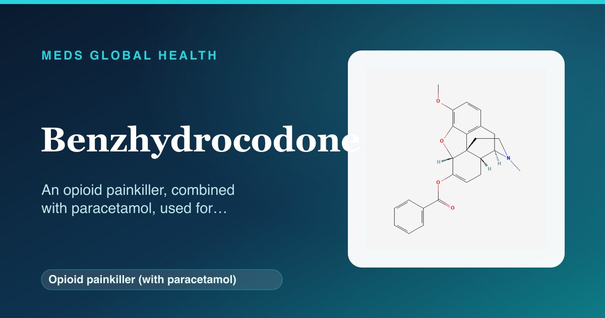 Benzhydrocodone (Opioid painkiller (with paracetamol)) — Meds Global Health reference card with 2D molecular structure