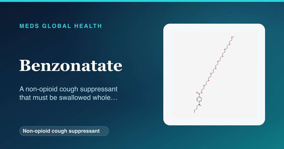 Benzonatate (Non-opioid cough suppressant) — Meds Global Health reference card with 2D molecular structure