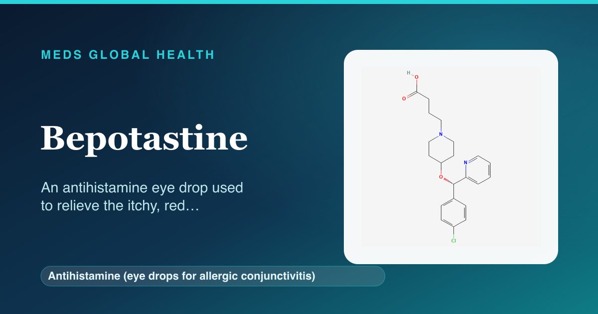 Bepotastine (Antihistamine (eye drops for allergic conjunctivitis)) — Meds Global Health reference card with 2D molecular structure