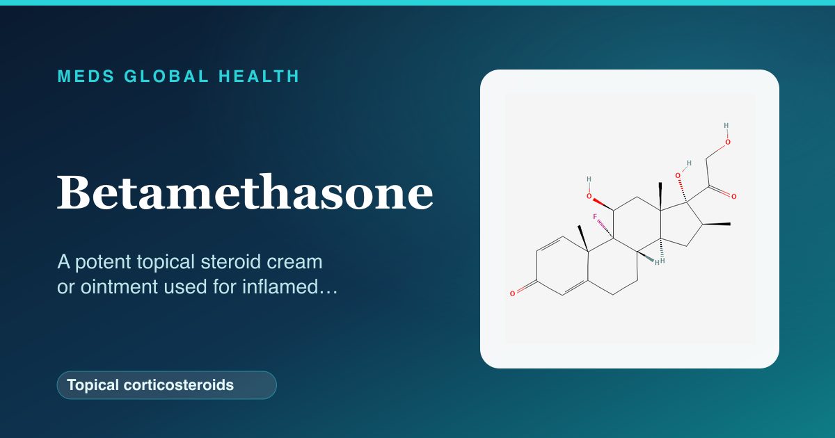 Betamethasone (Topical corticosteroids) — Meds Global Health reference card with 2D molecular structure