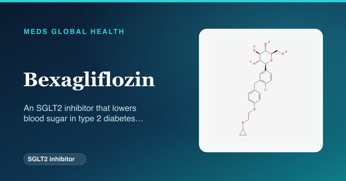 Bexagliflozin (SGLT2 inhibitor) — Meds Global Health reference card with 2D molecular structure