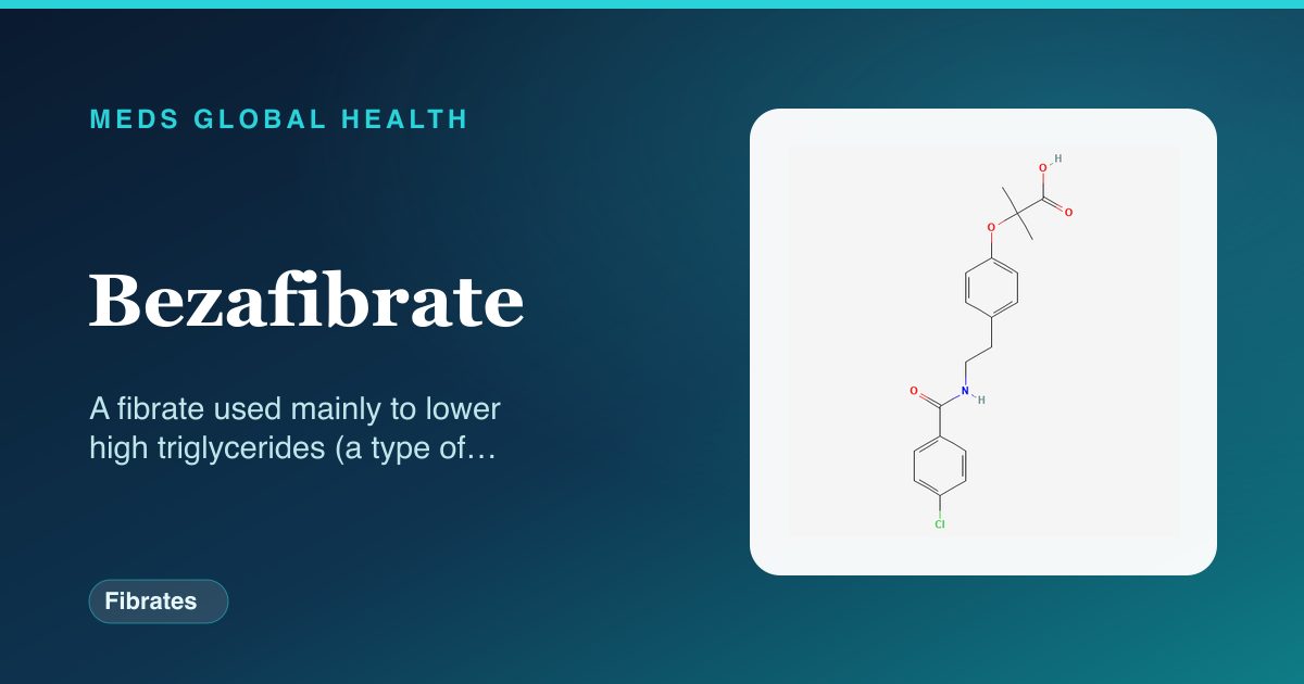 Bezafibrate (Fibrates) — Meds Global Health reference card with 2D molecular structure