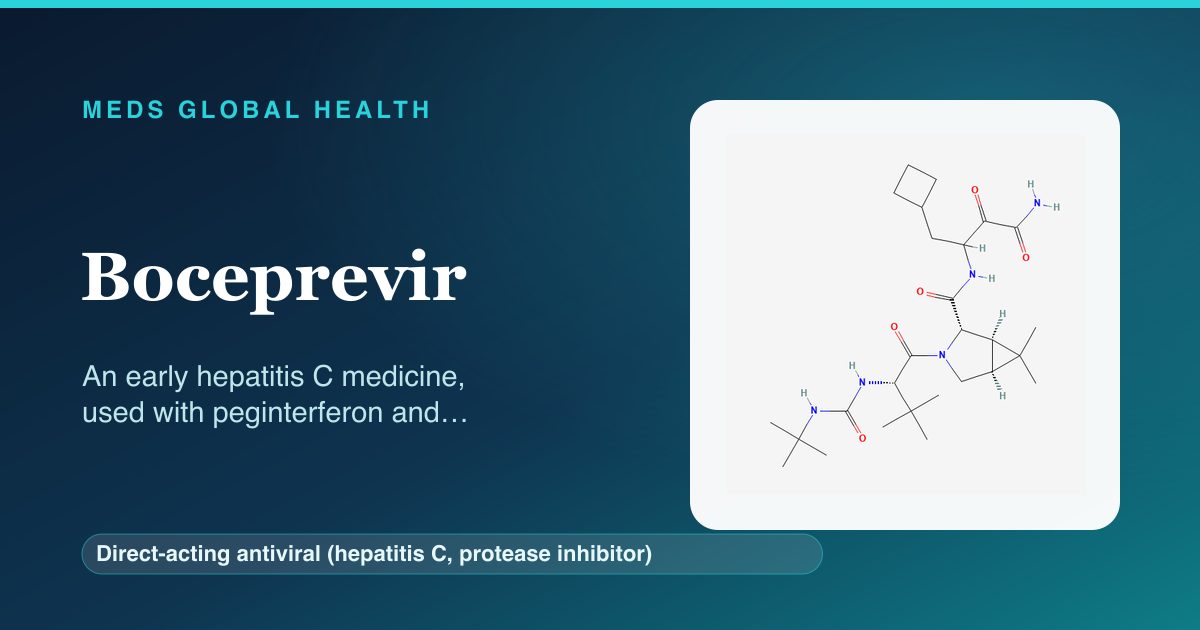 Boceprevir (Direct-acting antiviral (hepatitis C, protease inhibitor)) — Meds Global Health reference card with 2D molecular structure