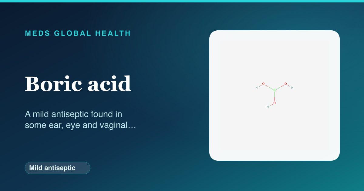Boric acid (Mild antiseptic) — Meds Global Health reference card with 2D molecular structure