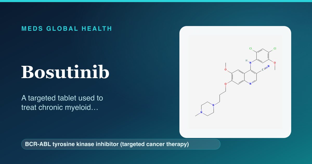 Bosutinib (BCR-ABL tyrosine kinase inhibitor (targeted cancer therapy)) — Meds Global Health reference card with 2D molecular structure