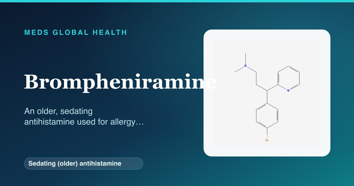 Brompheniramine (Sedating (older) antihistamine) — Meds Global Health reference card with 2D molecular structure