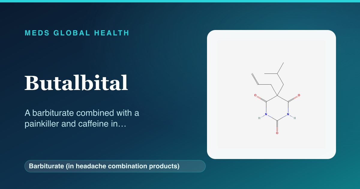 Butalbital (Barbiturate (in headache combination products)) — Meds Global Health reference card with 2D molecular structure