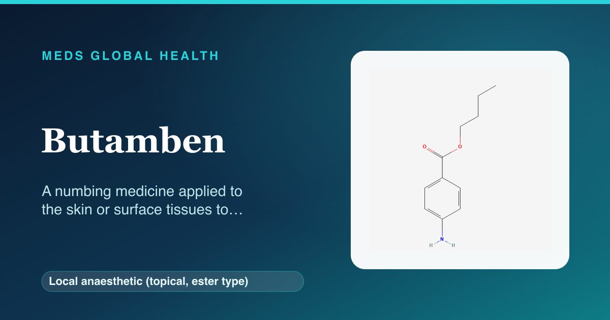 Butamben (Local anaesthetic (topical, ester type)) — Meds Global Health reference card with 2D molecular structure