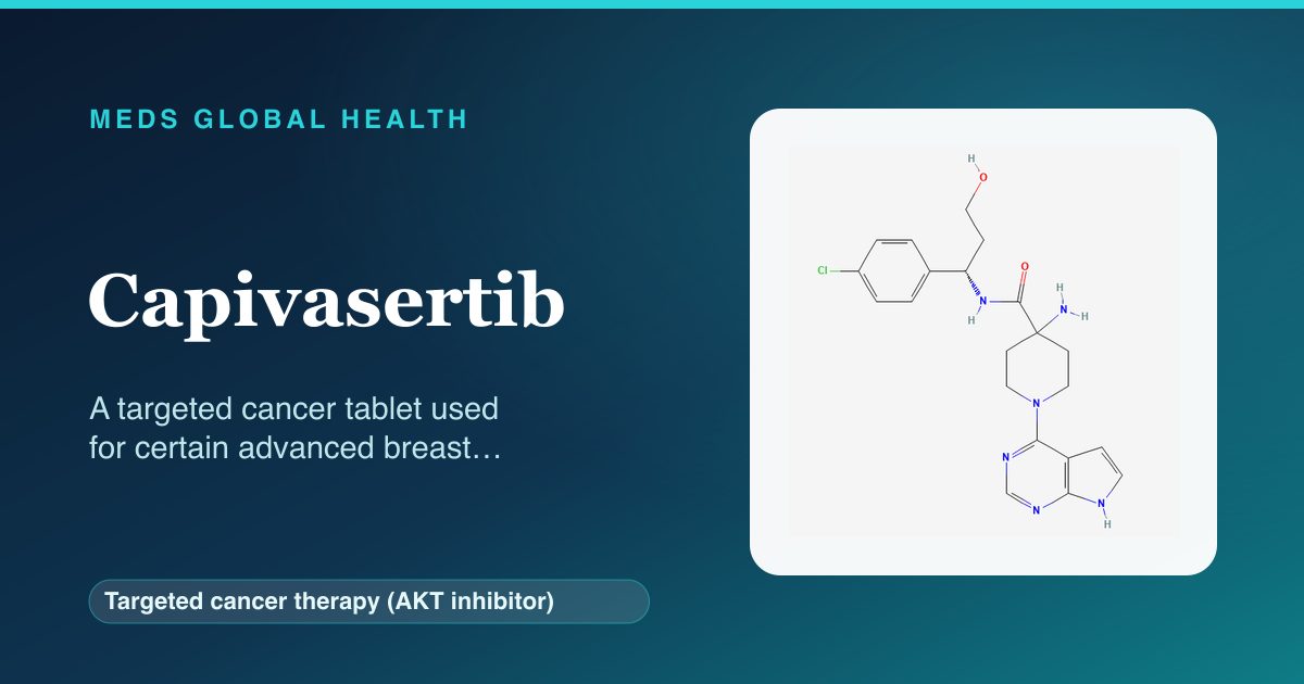 Capivasertib (Targeted cancer therapy (AKT inhibitor)) — Meds Global Health reference card with 2D molecular structure