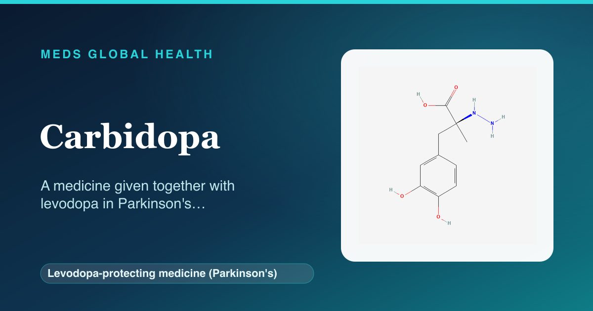 Carbidopa (Levodopa-protecting medicine (Parkinson's)) — Meds Global Health reference card with 2D molecular structure
