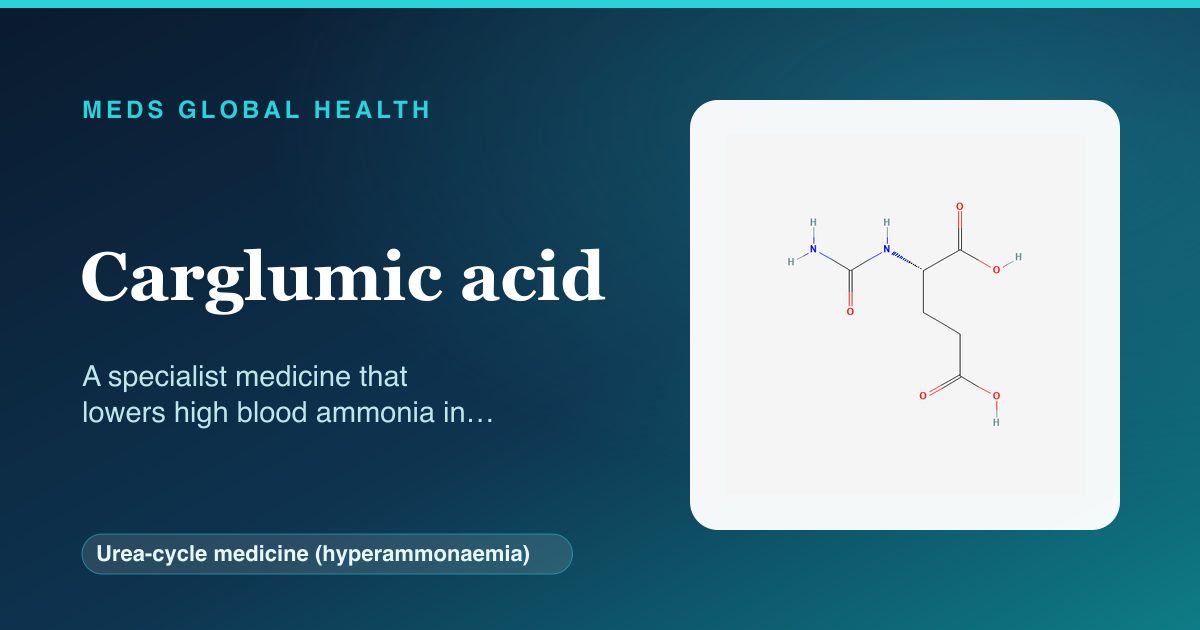 Carglumic acid (Urea-cycle medicine (hyperammonaemia)) — Meds Global Health reference card with 2D molecular structure