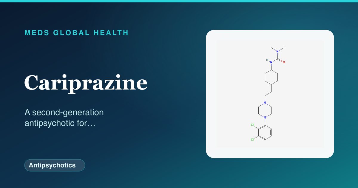 Cariprazine (Antipsychotics) — Meds Global Health reference card with 2D molecular structure