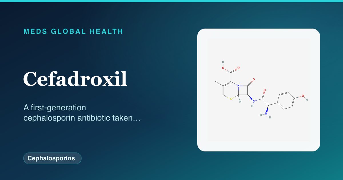 Cefadroxil (Cephalosporins) — Meds Global Health reference card with 2D molecular structure
