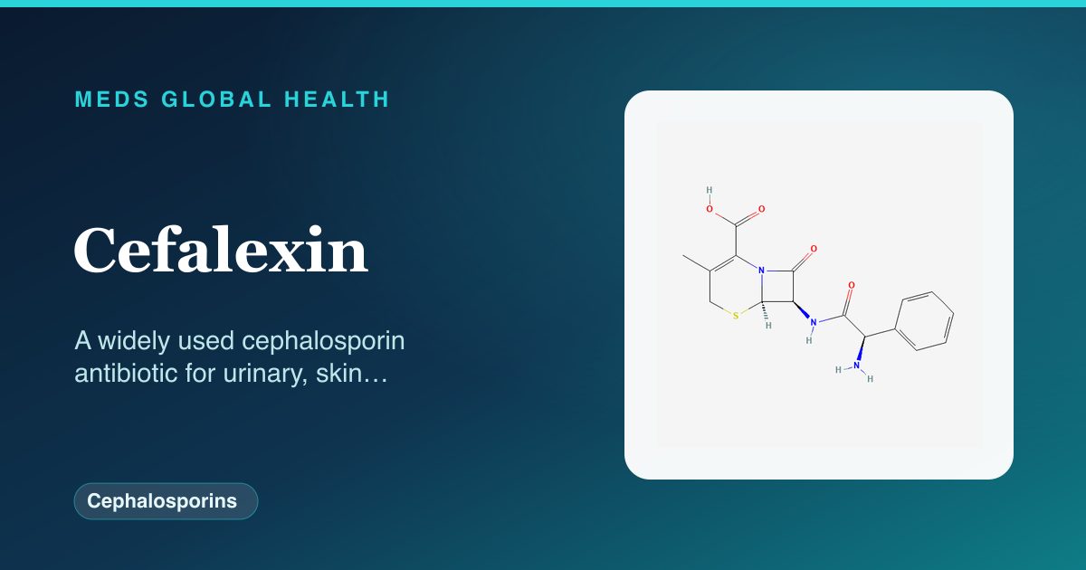 Cefalexin (Cephalosporins) — Meds Global Health reference card with 2D molecular structure