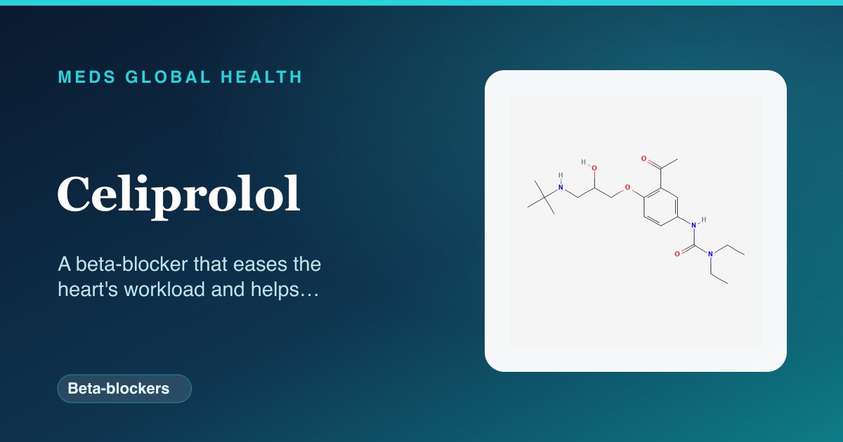 Celiprolol (Beta-blockers) — Meds Global Health reference card with 2D molecular structure