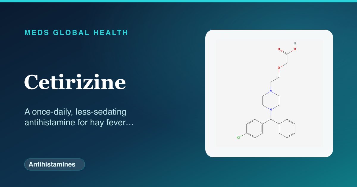 Cetirizine (Antihistamines) — Meds Global Health reference card with 2D molecular structure