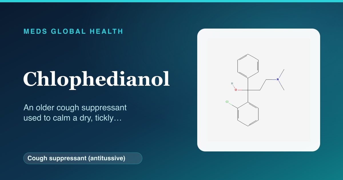 Chlophedianol (Cough suppressant (antitussive)) — Meds Global Health reference card with 2D molecular structure