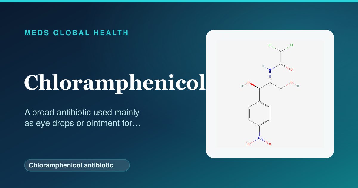 Chloramphenicol (Chloramphenicol antibiotic) — Meds Global Health reference card with 2D molecular structure