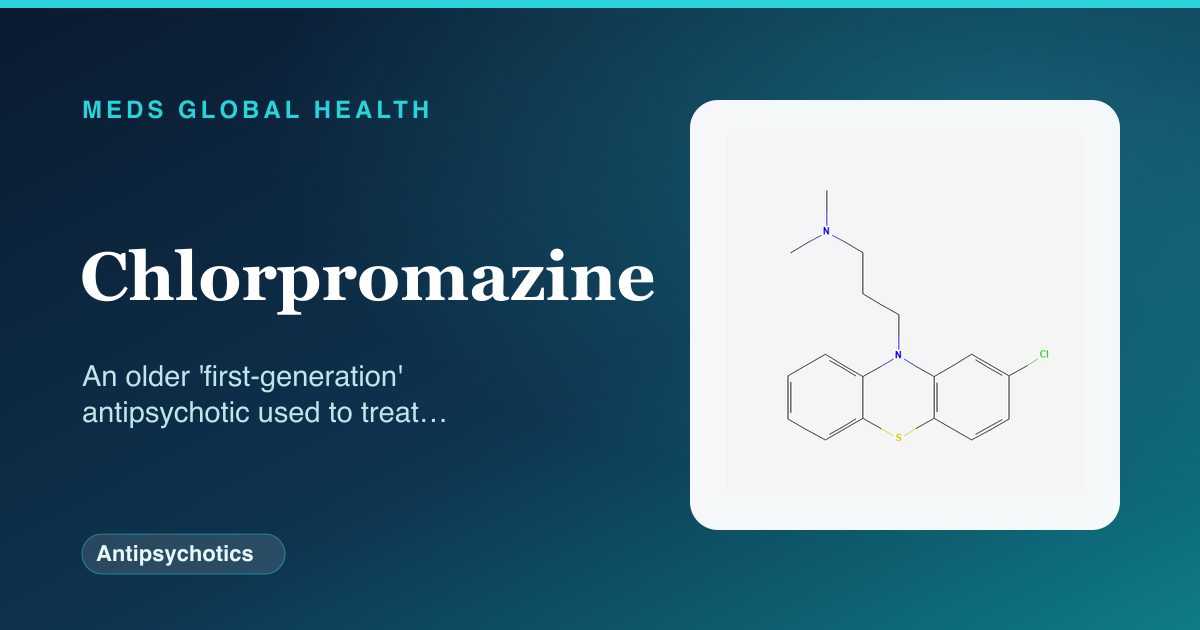 Chlorpromazine (Antipsychotics) — Meds Global Health reference card with 2D molecular structure