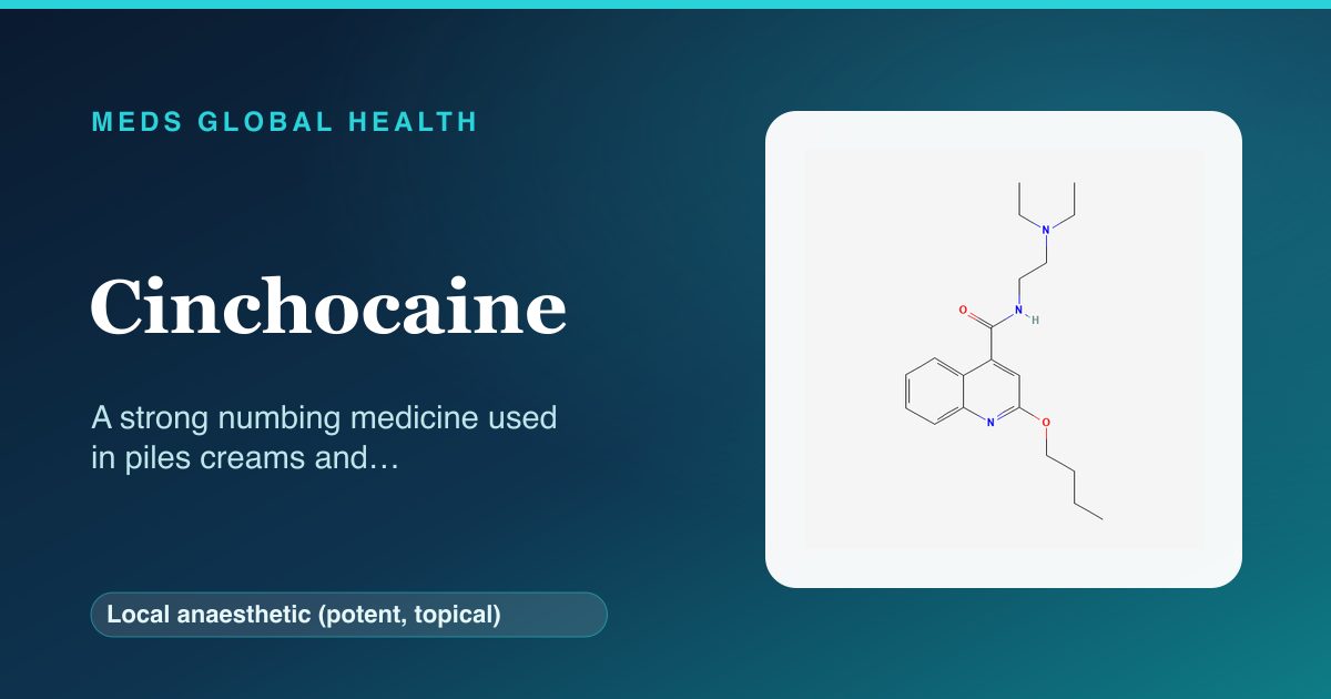 Cinchocaine (Local anaesthetic (potent, topical)) — Meds Global Health reference card with 2D molecular structure