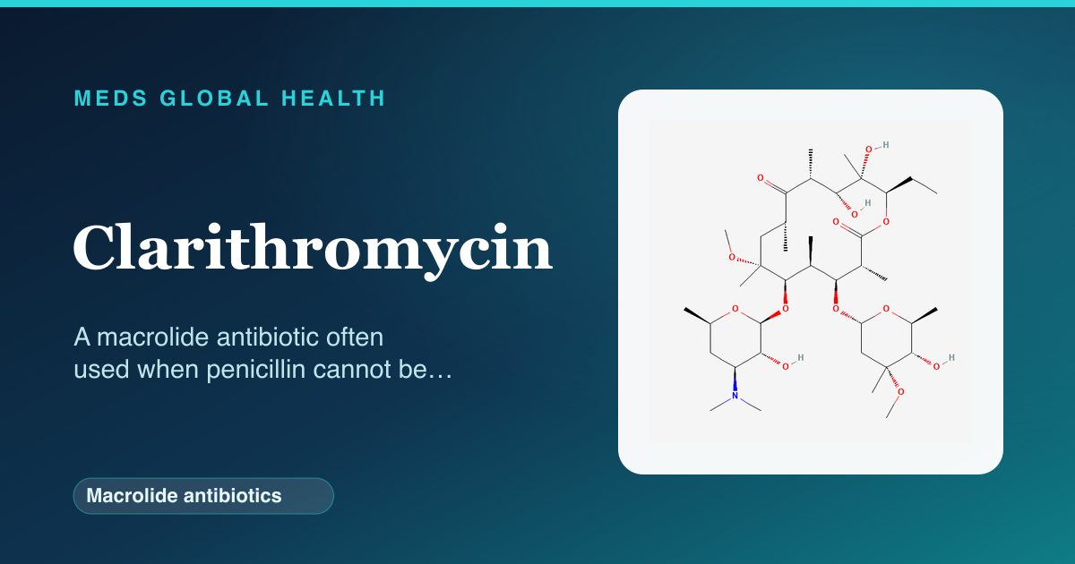 Clarithromycin (Macrolide antibiotics) — Meds Global Health reference card with 2D molecular structure