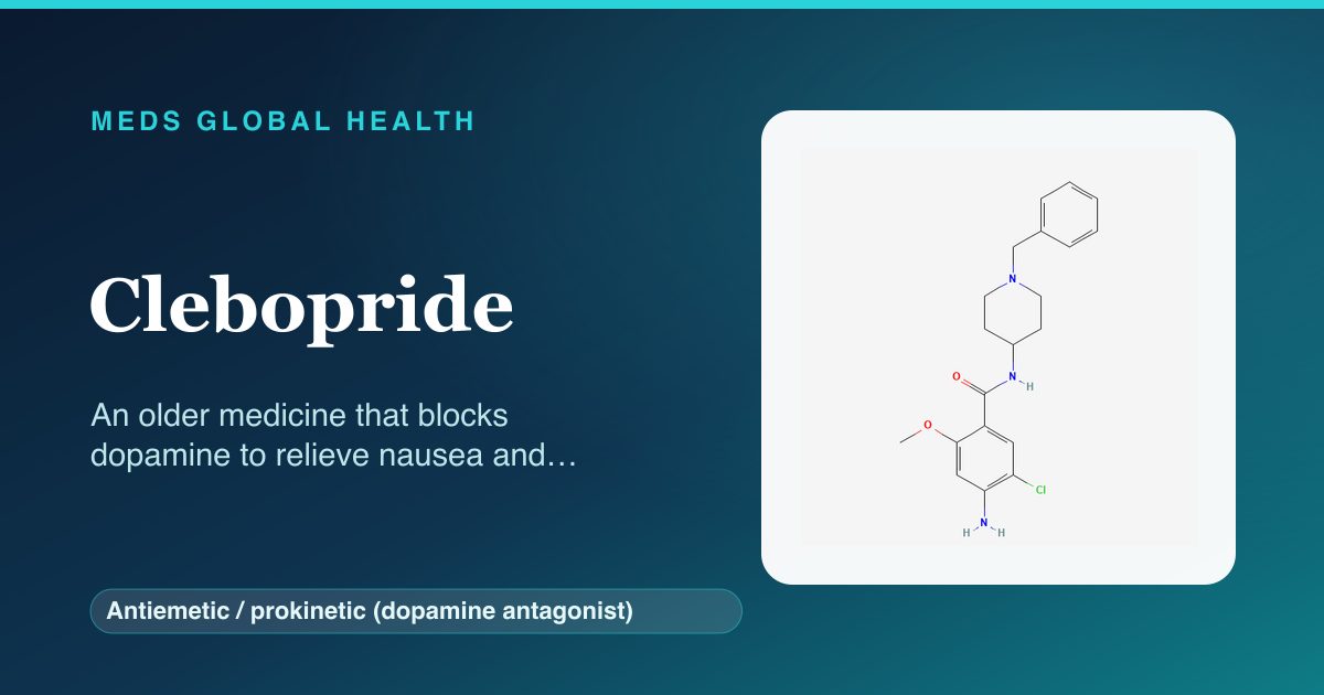 Clebopride (Antiemetic / prokinetic (dopamine antagonist)) — Meds Global Health reference card with 2D molecular structure