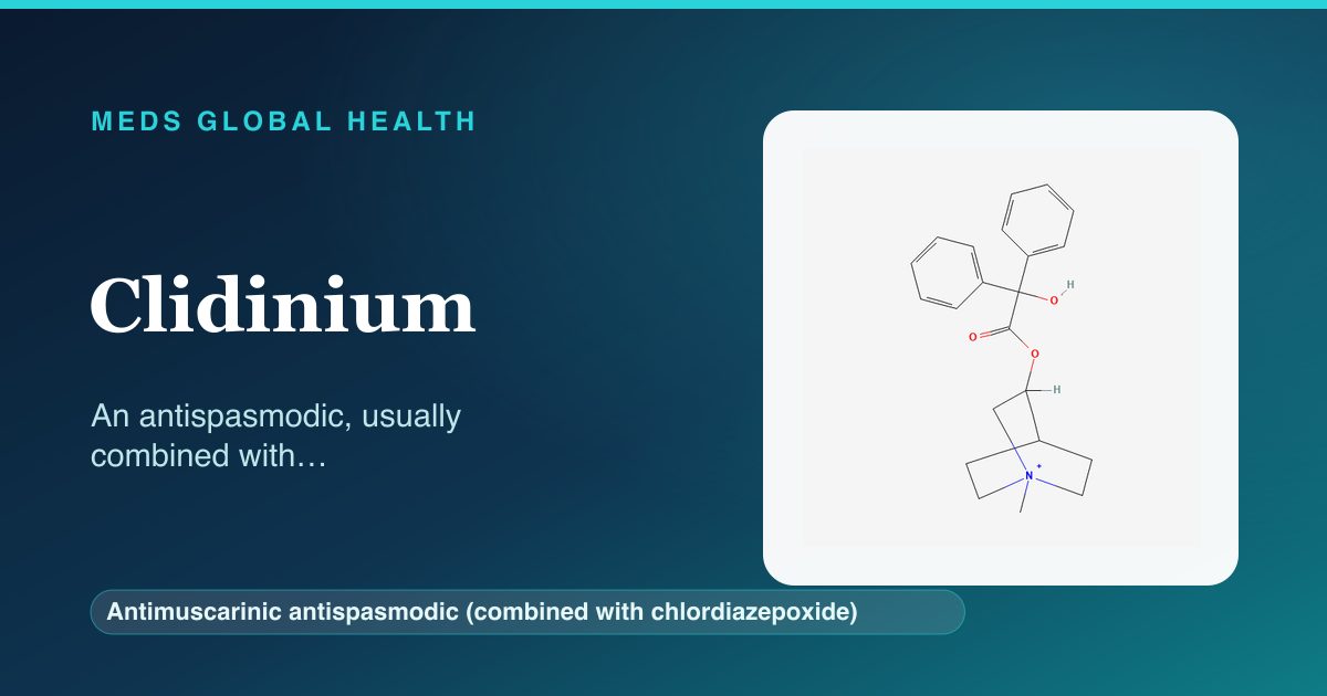 Clidinium (Antimuscarinic antispasmodic (combined with chlordiazepoxide)) — Meds Global Health reference card with 2D molecular structure