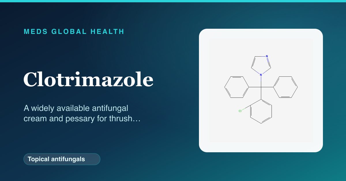 Clotrimazole (Topical antifungals) — Meds Global Health reference card with 2D molecular structure