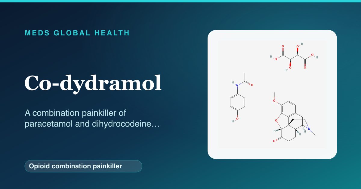 Co-dydramol (Opioid combination painkiller) — Meds Global Health reference card with 2D molecular structure